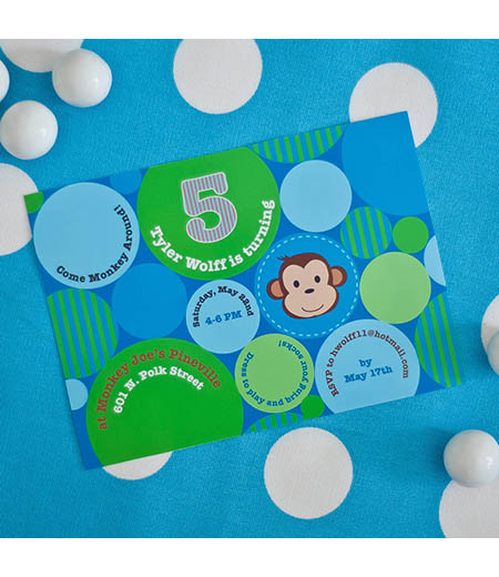 Monkey Polka Dot Printable Invitation - Blue Green